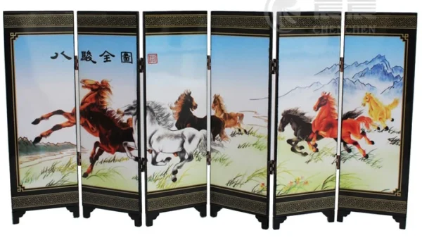 Chinese Lacquer Eight Horses Mini Folding Screen Divider