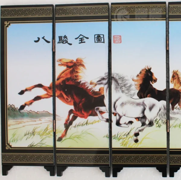 Chinese Lacquer Eight Horses Mini Folding Screen Divider