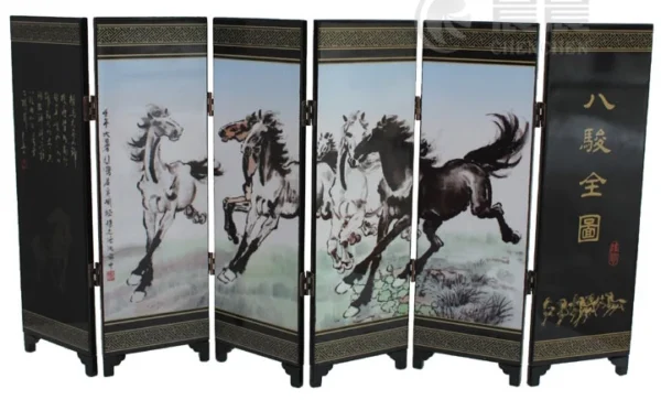 Chinese Lacquer Eight Horses Mini Folding Screen Divider