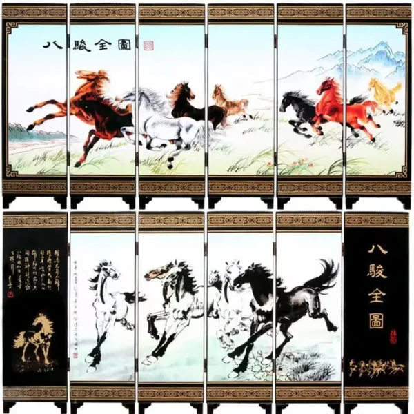 Chinese Lacquer Eight Horses Mini Folding Screen Divider