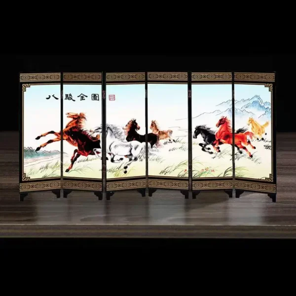 Chinese Lacquer Eight Horses Mini Folding Screen Divider